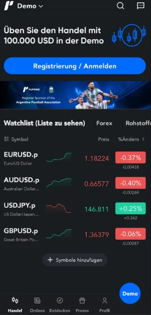 Watchlist im Demo der PU Prime App