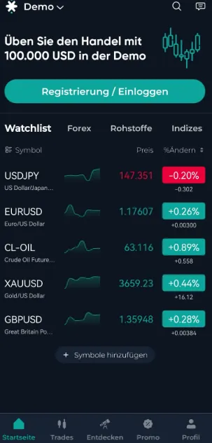 Demokonto für Start Trader App