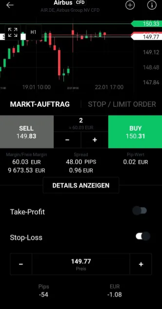 Stop Loss Funktion in der XTB App