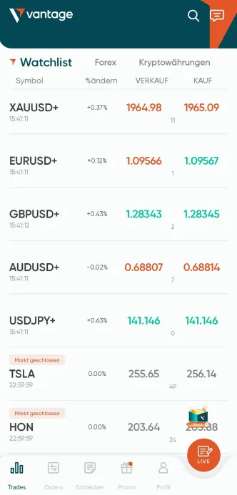 Screenshot der Aktien Trading App von Vantage