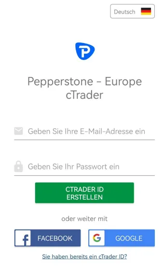 Anmeldung in der Pepperstone Aktien App per Handelsplattform cTrader