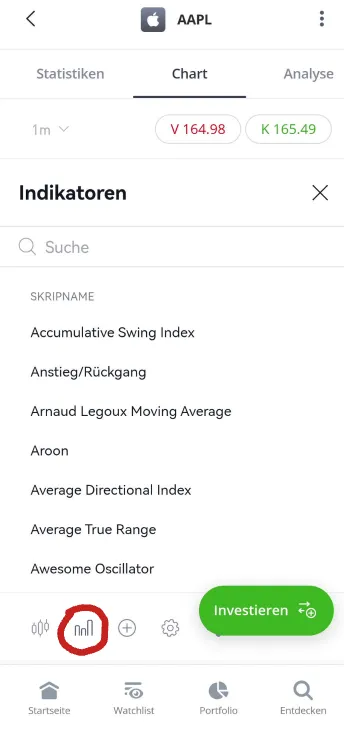 Analysetools in der Aktien App von etoro
