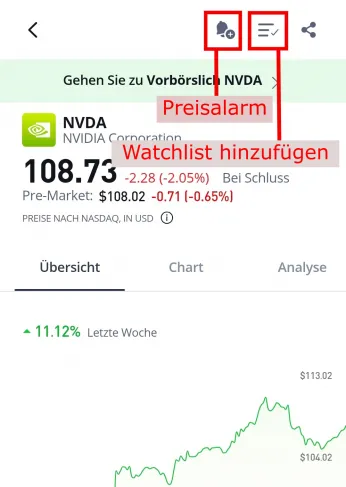 Aktien zum Kaufen der App Watchlist von etoro  hinzufügen 