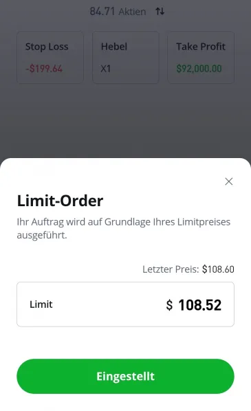 Limit Order bei eToro zum Aktien kaufen per App einleiten
