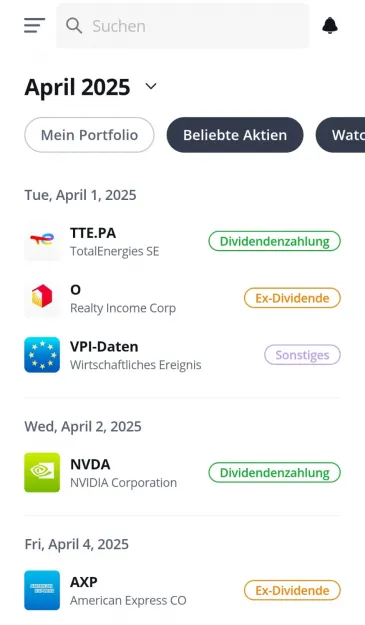 Dividenden Kalender in der Aktien App von etoro