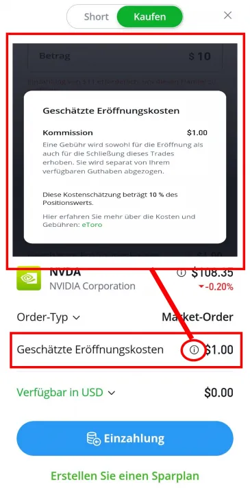 Gebühren einsehen beim Aktien kaufen per App (eToro)