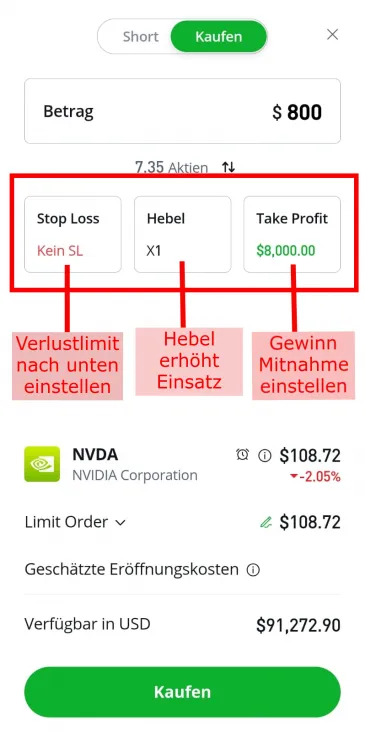 Hebel, Stop Loss und Take Profit beim Aktien kaufen per App (eToro)