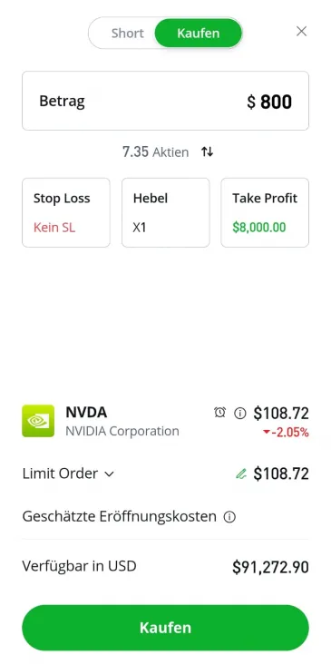 Fenster zum Aktien kaufen per App (etoro)