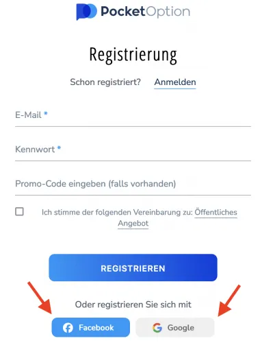 Pocket Option Registrierung mit einem Social-Media Account, wie zum Beispiel über Facebook oder Google.