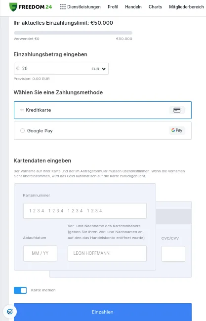 Einzahlung von Geld bei Freedom24