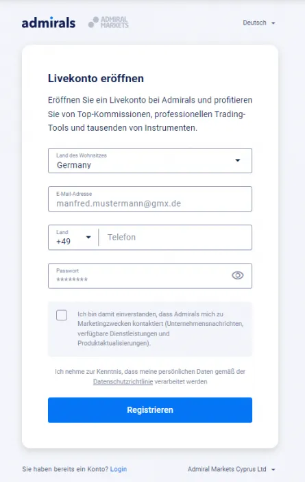 Admirals Kontoeroeffnung