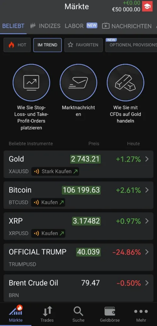 Trading App Ansicht bei Libertex