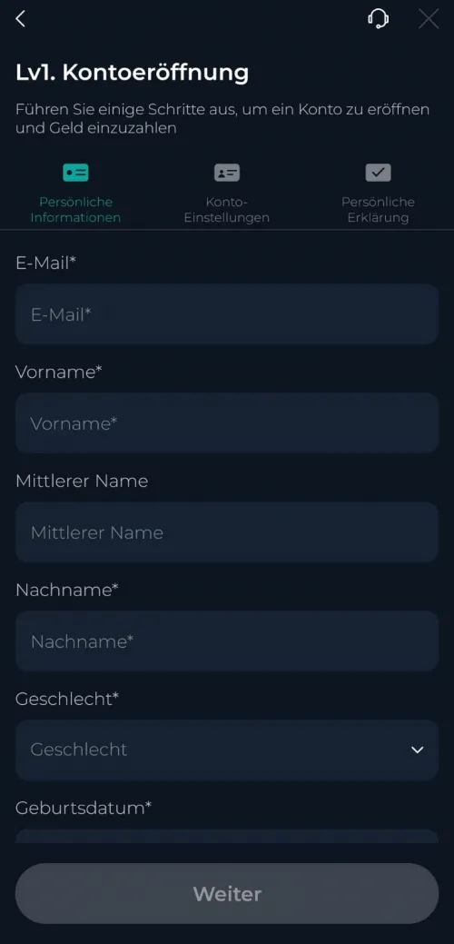 StarTrader Anmeldungsmaske für die Forex App