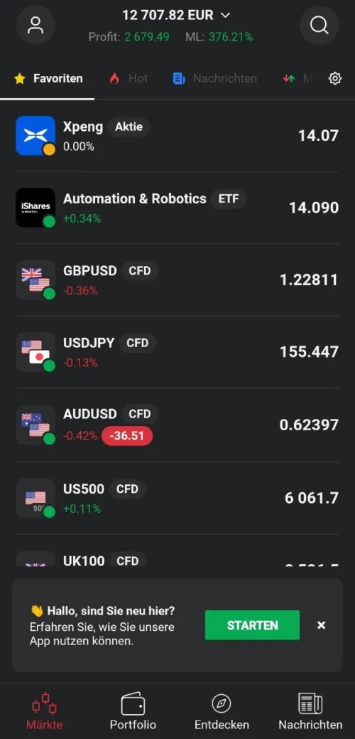 Märkte und Assets in der XTB App