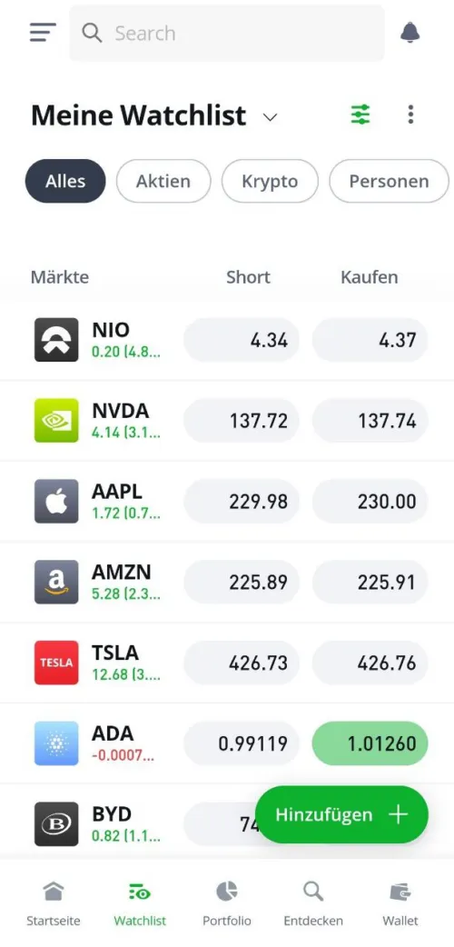 App Ansicht der Watchlist bei etoro