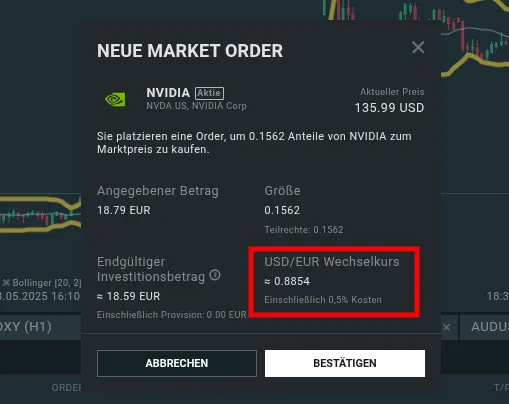 Anzeige variabler Zusatzkosten wie Wechselkursaufschlag bei XTB