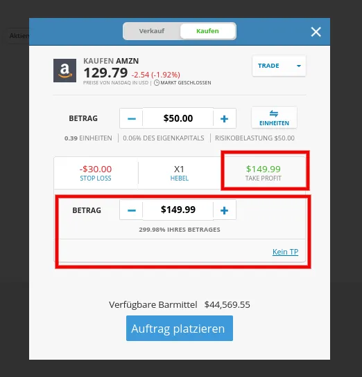 Take Profit bei einem Auftrag festlegen 