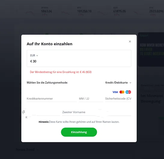 Einzahlungsmaske in der ETF Trading Plattform eToro