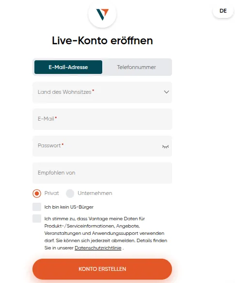 Konto bei Vantage Markets eröffnen (Anmeldemaske)