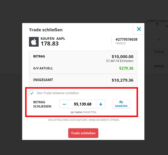 Verkaufsmaske mit weiteren Angaben zur Order
