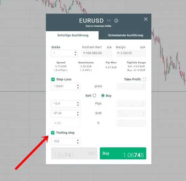 Trailing Stop Order Anwendung in der Ordermaske