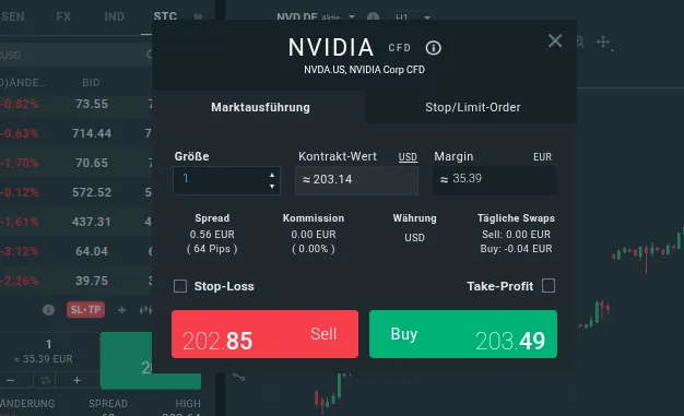 Kaufmaske mit allen Kosteninformationen bei XTB