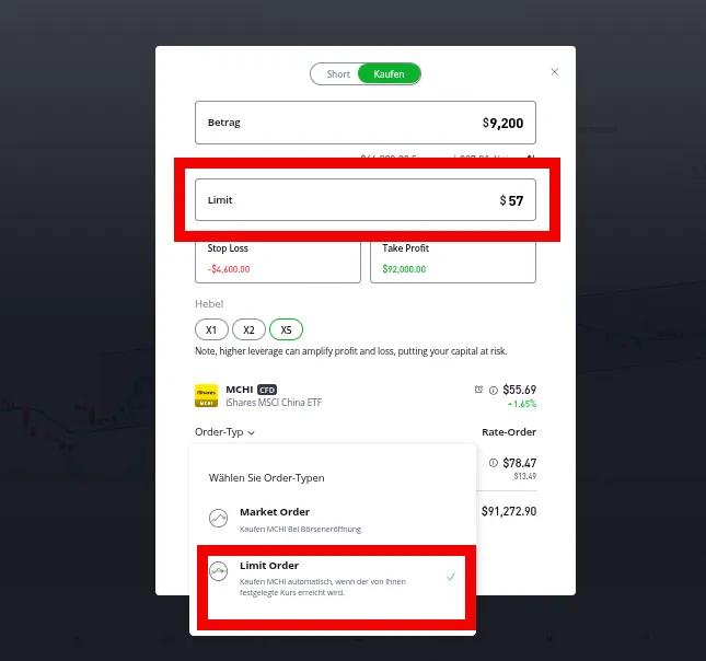 Limit bestimmen bei eToro ETF Trading