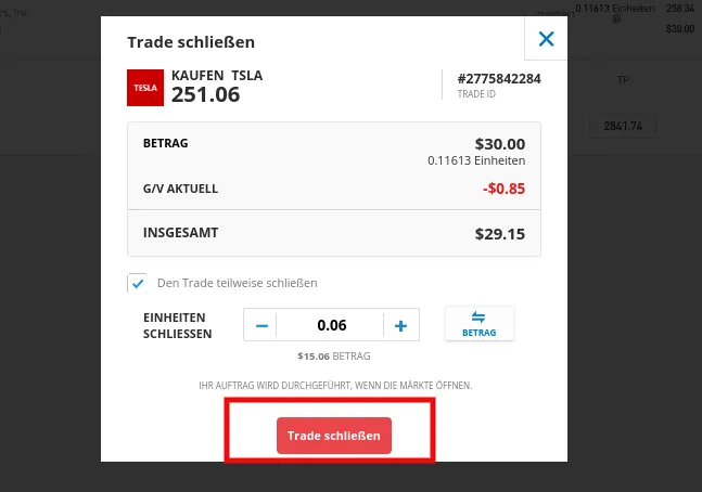 Aktien verkaufen und Trade schließen bei eToro
