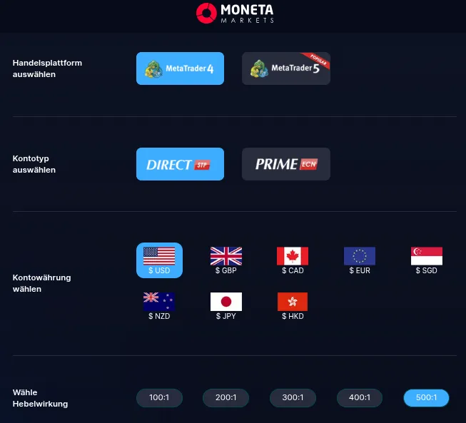 Demokonto bei Moneta Markets Eröffnungsmaske