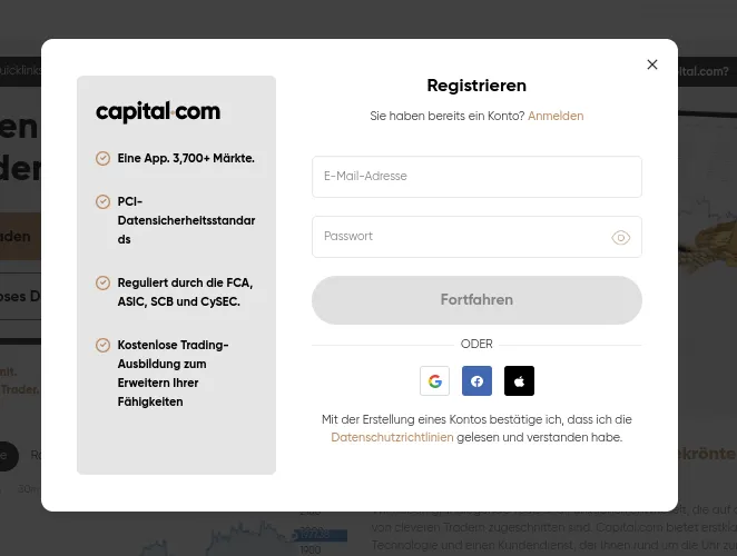 Anmeldemaske für CFD Broker