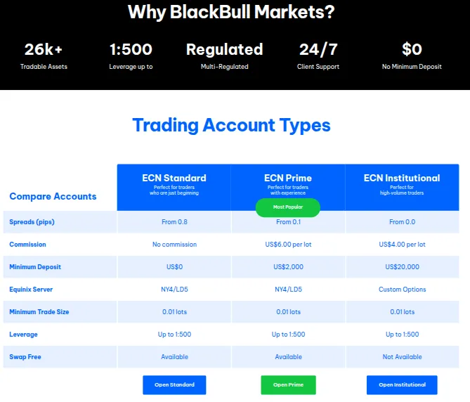 Übersicht zu den Konditionen der verschiedenen Konten mit Hebel bei BlackBull Markets