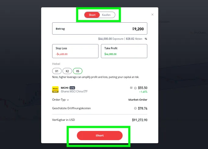 Short Trade bei eToro auf ETF Position einleiten