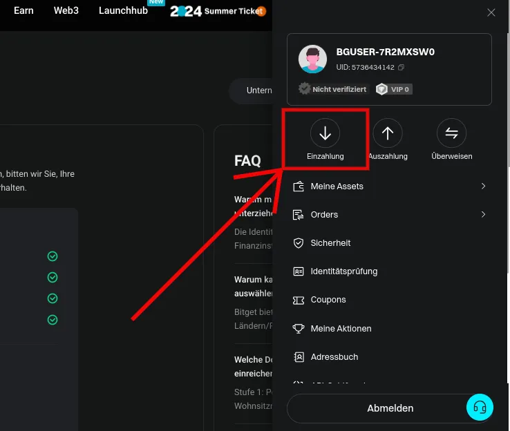 Button für die Einzahlung von Geld beim Bitget-Konto