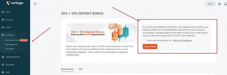 Bonus bei Vantage Markets hinzufügen