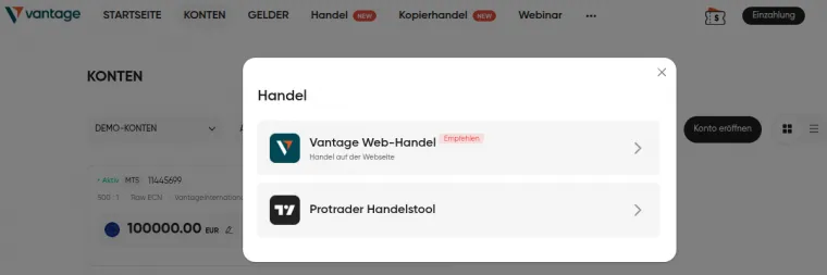 Handelsplattform wählen für Demokonto Vantage Markets