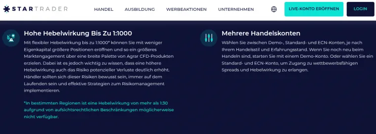 Webseite von StarTrader mit Hinweis auf 1:1000 hohem Hebel