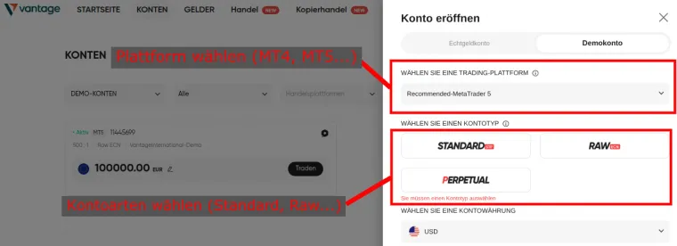 Daytrading Demokonto eröffnen bei Vantage Markets und Modalitäten wählen