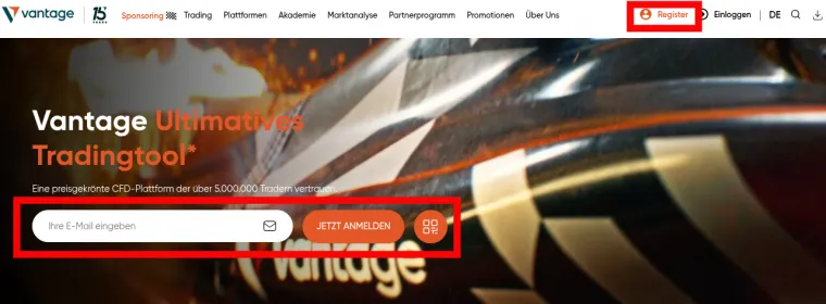Webseite von Vantage Markets mit Anmeldefunktion