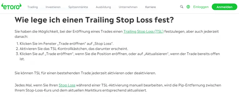 eToro mit Trailing Stop Loss