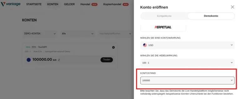 Höhe des Guthabens bei Vantage Markets