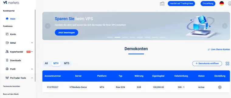 VT Markets Auswahl an Demokonten im Profil