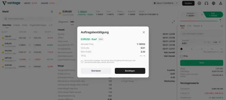 Positionen bei Vantage Markets eröffnen