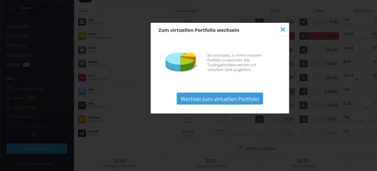 Browser Wechsel von Echtgeld- zu Demokonto bei eToro