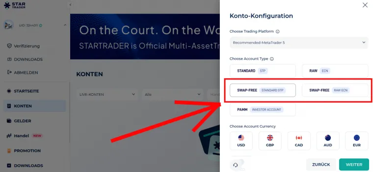 Kontoeinrichtung islamisch bei StarTrader