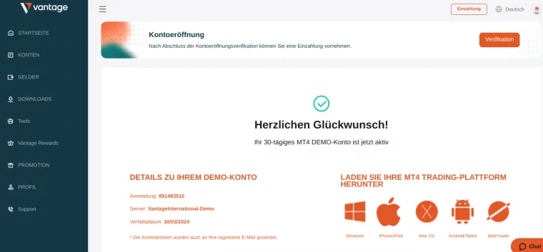 Demokonto bei Vantage Markets