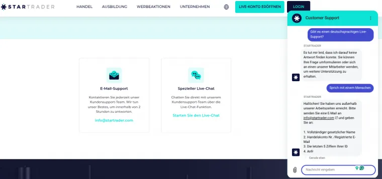 Support-Optionen und Chat des Kundenservice von StarTrader