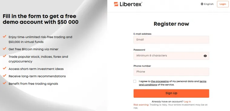 Anmeldung für das Demokonto von Libertex