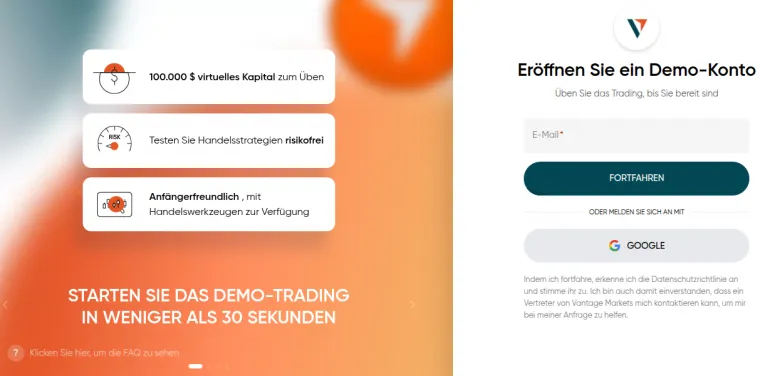 Anmeldung zum Demokonto von Vantage Markets
