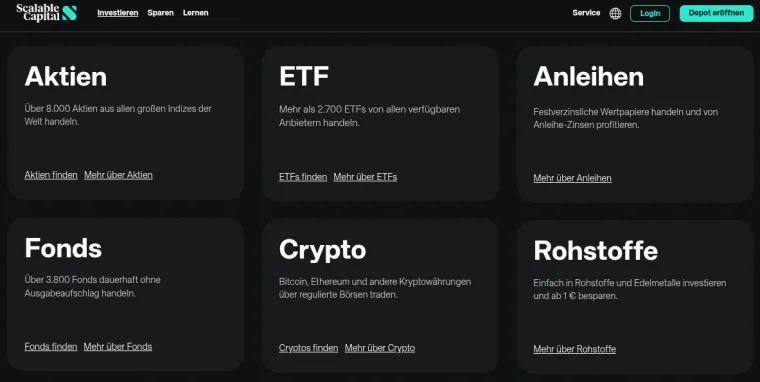 Angebot der Aktien und ETFs in der Scalable Capital App