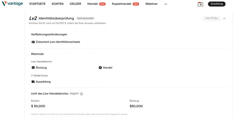 Verifizierungsvorgang für Live Konten bei Vantage Markets